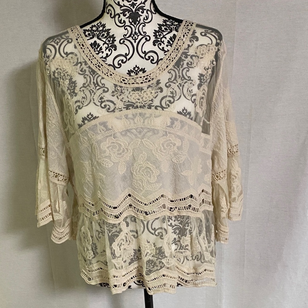 Rebellion Again Ethereal Dainty Sheer Lace Blouse in Cream Gypsy Cottage Core